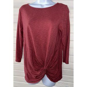 Beacan Cove Sz MEDIUM Tunic Blouse Burgundy 3/4 Sleeve Twist Front Stretch EUC